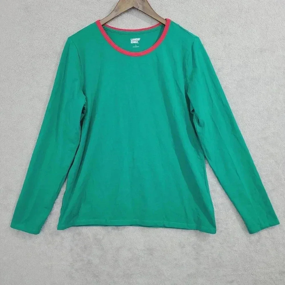 Land's End Green Long Sleeve Cotton Blend Shirt Women's L 23PT
